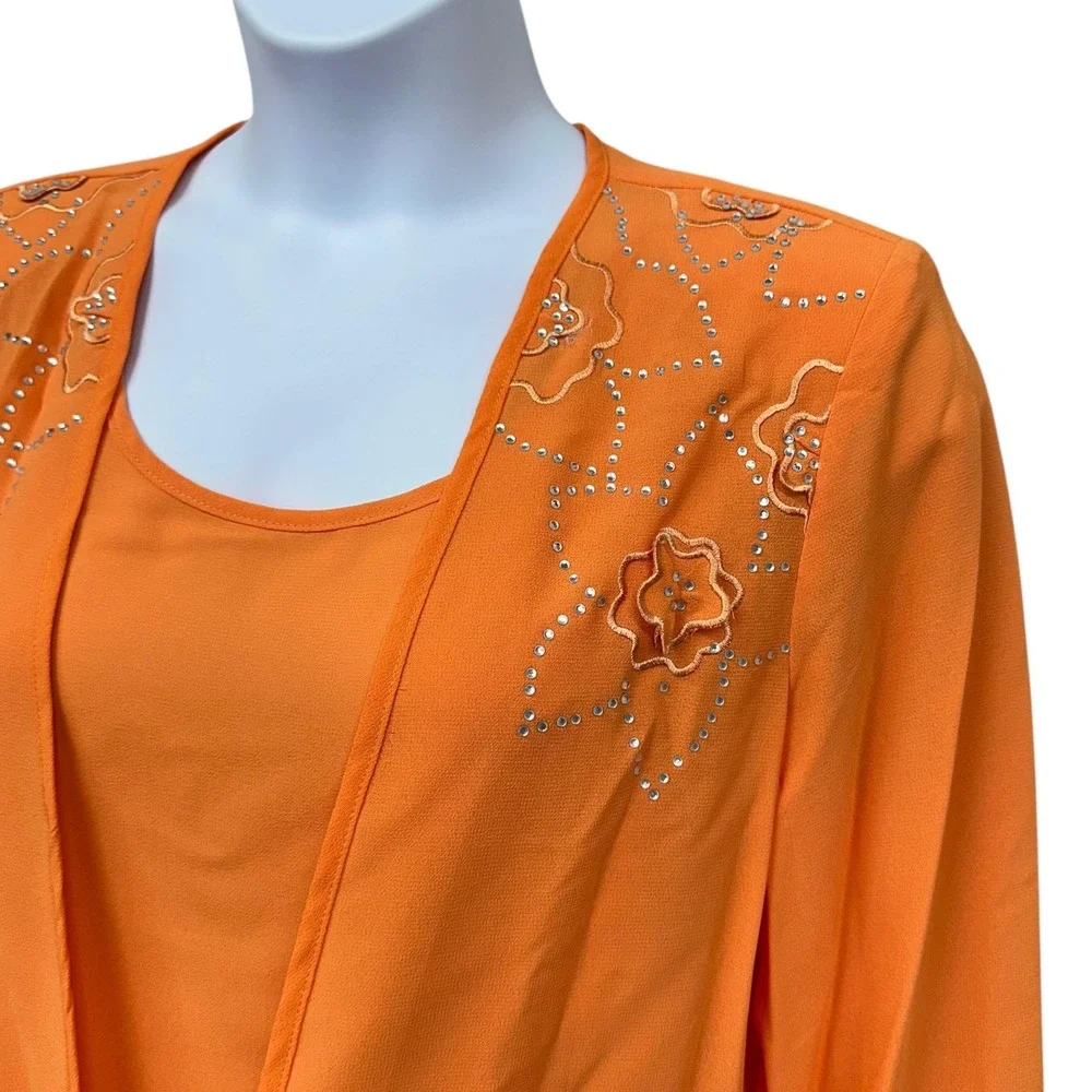 NWT Christie Of California 3 Piece Skirt Suit Set Womens 12 Orange Beaded Floral
